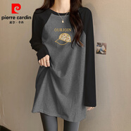 皮爾卡丹（pierre cardin）長袖t恤女搭配鯊魚褲的上衣春秋冬新款遮屁股中長款包臀衛(wèi)衣內(nèi)搭 灰拼黑-帽子 XL 125-145斤