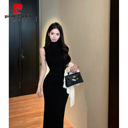 皮爾卡丹連衣裙氣質(zhì)半高領(lǐng)無袖針織連衣裙女2025春季感收腰修身包臀中長裙 黑色 均碼 【80-110斤】