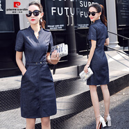 皮爾卡丹（pierre cardin）【星駱莎】牛仔連衣裙女2025夏短袖V領(lǐng)中長(zhǎng)裙A字裙高腰包臀裙 短袖款935 S