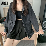 Jret春秋復古牛仔外套女小個(gè)子2025新款BF顯瘦薄款休閑夾克上衣ins潮 黑灰色 M