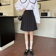 ANGEL MOOD加長款百褶裙灰色高腰顯瘦半身裙防走光中長款百搭中裙學(xué)院風(fēng)短裙 黑色50長度 L