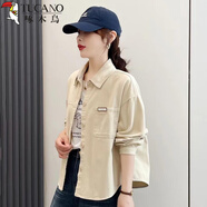 啄木鳥(niǎo)2025春秋季新款女士韓版短外套牛仔襯衫百搭寬松顯瘦休閑上衣 米白色 XL 110斤-125斤