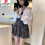 皮爾卡丹大碼半身裙女黑色豹紋a字裙子2025夏季新款胖m百褶裙雪紡碎花短裙 黑色 S