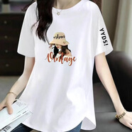 歐妤短袖t恤女2025夏季女裝新款韓版中長(cháng)款寬松休閑體恤女上衣打底衫 白色花帽女孩 XL 建議110-120斤