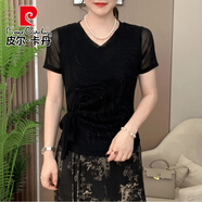 皮爾卡丹2025夏季新款T恤時(shí)尚百搭飄帶彈力網(wǎng)紗氣質(zhì)媽媽顯瘦減齡短袖體恤 黑色 3XL (建議120-130斤)