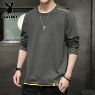花花公子（PLAYBOY）純棉長(cháng)袖T恤男士衛衣男大碼春秋季裝薄款假兩件寬松上衣服打底衫 02深灰 L