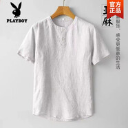 花花公子（PLAYBOY）亞麻男裝夏季薄款短袖T恤上衣男寬松休閑棉麻體恤衫拼接半袖上衣 淺灰色高質(zhì)量 XL