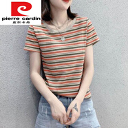 皮爾卡丹（pierre cardin）歐洲站2024夏季新款彩色條紋圓領(lǐng)短袖T恤女韓版拼色寬松針織上衣 咖啡色 XL