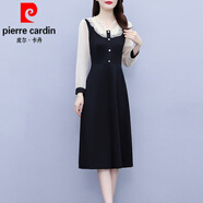 皮爾卡丹（pierre cardin）假兩件連衣裙子女士裝春秋冬季2025年新款加絨加厚長(zhǎng)袖氣質(zhì)中長(zhǎng)裙 黑色 (不加絨)《今年流行別致漂 (105-120斤) XL