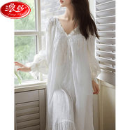 浪莎（LangSha）帶胸墊睡裙女晨袍春秋季大碼長(cháng)袖宮廷蕾絲公主風(fēng)唯美睡衣長(cháng)裙 一體式帶胸墊_長(cháng)裙 L 建議100-120斤