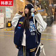 韓惠芷美式復(fù)古國(guó)朝字母刺繡棒球服外套女春季新款寬松學(xué)生情侶夾克上衣 A82藏青色 【雙層有內(nèi)里】 L 【建議100-125斤】