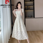 皮爾卡丹（pierre cardin）白色方領(lǐng)蕾絲收腰顯瘦提花連衣裙女夏法式溫柔風(fēng)歐根紗長裙 米白 S