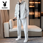 花花公子（PLAYBOY）高檔運(yùn)動(dòng)套裝男士春秋外套男搭配休閑長(zhǎng)褲2025春季新款一套夾克男 H37白灰套裝 2XL 【141-160斤】