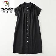 啄木鳥(niǎo)（TUCANO）亞麻襯衫裙女夏寬松顯瘦氣質(zhì)日系小眾設計感褶皺全開(kāi)襟棉麻連衣裙 黑色 2XL【建議145-165斤】
