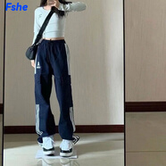 FSHE美式復(fù)古休閑褲女工裝中性風(fēng)側(cè)邊條紋情侶款直筒女闊腿褲女 藏青色[高品質(zhì)] XL 建議[125-140斤]
