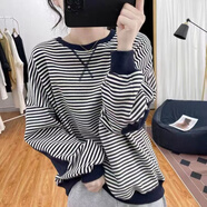 憶思減大碼減齡女士衛衣外套春秋季裝韓版寬松顯瘦胖mm套頭長(cháng)袖條紋上衣 藏青色 XL 120-150斤