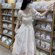 景怡依少女學(xué)生法式碎花長(cháng)裙2025夏季甜美初戀收腰顯瘦初戀公主裙連衣裙 粉紅色 S