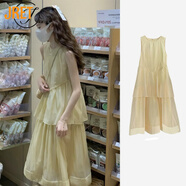 Jret2025夏季新款無(wú)袖法式優(yōu)雅少女感雙層蛋糕裙擺簡(jiǎn)約溫柔風(fēng)連衣裙女 杏色 M