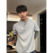 魯雅爾 美式亨利領(lǐng)正肩短袖t恤男春夏季重磅華夫格cleanfit修身純棉上衣 灰色 XL 【建議120-140斤】