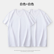 賓儲(chǔ)（BINCHU）純棉V領(lǐng)2025夏季新款純色短袖T恤簡(jiǎn)約雞心領(lǐng)上衣寬松顯瘦大碼體恤 V領(lǐng)短袖/白色+白色 2XL