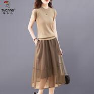 啄木鳥(niǎo)歐根紗連衣裙女夏2025新款感氣質(zhì)收腰遮肚子顯瘦套裝裙 駝配咖啡 M (建議90-105斤 高品質(zhì))