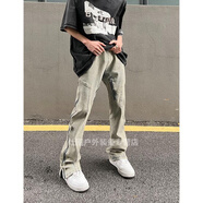 韋戒牛仔褲微喇褲男繩系Rampage 高街做舊水洗側(cè)拉鏈叭美式復(fù)古高級(jí)感 藍(lán)色 （好物優(yōu)選） S  （80-95斤）