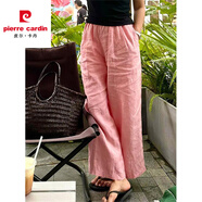 皮爾卡丹粉色褲子女春季薄款日系棉麻闊腿褲亞麻直筒褲寬松顯瘦休閑九分褲 粉色 L (建議100斤-115斤)