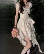 FSHE2025年新款百搭法式茶歇連衣裙女夏季新款荷葉邊不規則顯瘦短裙子 米白色 XL