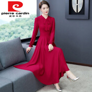 皮爾卡丹（pierre cardin） 純色2022新款春季長袖雪紡大擺舞蹈連衣裙女長款大紅色跳舞長 酒紅色 2XL