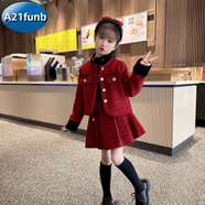 A 21 FUNB女童小香風(fēng)套裝秋冬2025新款兒童裙子時(shí)髦洋氣年服小女孩冬季童裝 紅小香風(fēng)套裝 【夾棉拜年服】 110 cm