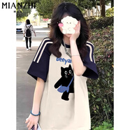 棉致重磅拼接三條杠圓領短袖t恤女夏季寬松休閑五分袖半袖薄款上衣 8039魚貓藏青拼杏【高品質(zhì)23.5】 L 100-115斤