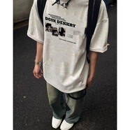 卡圖弛美式潮牌動漫字母短袖T恤男夏季重磅純棉寬松五分半袖打底體恤衫 白灰色 L