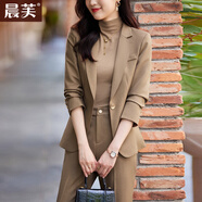 晨芙職業(yè)西裝套裝女春秋小個(gè)子氣質(zhì)女神范休閑西服外套通勤正裝工作服 (常規(guī))卡其色西裝+常規(guī)西褲 3XL 建議130-140斤