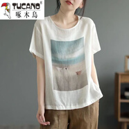 啄木鳥(niǎo)棉麻t恤女上衣寬松遮肚子超輕薄透氣胖m大尺碼短袖文藝胖女裝 乳白色 風(fēng)景圖案 3XL 140-160斤