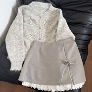 雷黛茜溫柔風(fēng)穿搭套裝女春秋冬復古蝴蝶結開(kāi)衫毛衣外套搭配蕾絲拼接短裙 灰色短裙【單件】 S