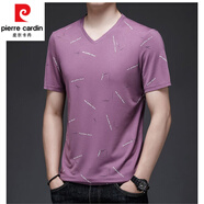 皮爾卡丹（pierre cardin）絲光棉V領(lǐng)T恤男短袖體恤衫潮流印花純棉上衣服雞心領(lǐng)半袖體恤上衣 字母【V】紫色 XL 175/ 建議130-150斤