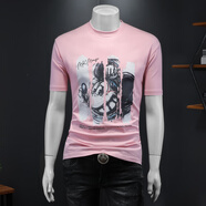 閃爆潮流港風(fēng)闊版短袖t恤男休閑寬松印花體恤衫夏季透氣吸汗半袖小衫 3032粉紅色 M