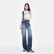 月影披夢(mèng)高腰闊腿牛仔褲女早春2025新款燙鉆小眾設計感垂感高腰寬松直筒褲 淺藍色 L