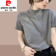 皮爾卡丹（pierre cardin）半高領(lǐng)短袖T恤女春夏2025寬松顯瘦打底衫休閑百搭上衣潮針織 灰色 S