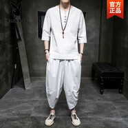花花公子（PLAYBOY）亞麻t恤男短袖唐裝套裝中國風(fēng)男裝夏季復古風(fēng)漢服禪服茶服棉麻衣 白色高質(zhì)量 2XL