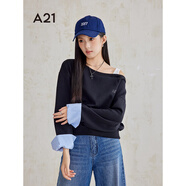 A21秋季新款女裝時(shí)尚寬松一字領(lǐng)假兩件短款衛衣休閑百搭上衣 黑色 S