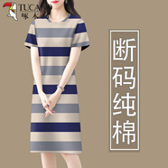 啄木鳥純棉連衣裙女2025新款夏季減齡短袖遮肚中長(zhǎng)裙 輕薄灰藍(lán)薄 L 建議95-110