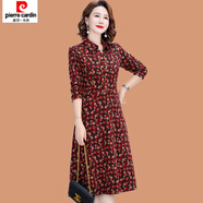 皮爾卡丹（pierre cardin）媽媽襯衫領(lǐng)連衣裙春秋裝時(shí)尚洋氣中老年女秋裝長(cháng)袖中長(cháng)款碎花裙子 紅色碎花 XL (參考90-105斤)