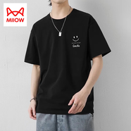 貓人（MiiOW）男士純棉短袖T恤夏季薄款潮牌圓領(lǐng)笑臉印花男裝衣服冰絲體恤 黑色 2XL