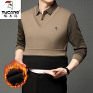 啄木鳥(niǎo)中年條紋假兩件衛衣男2025春季新款襯衫領(lǐng)上衣內搭套頭長(cháng)袖t恤 809卡其 加絨 M 165/ 建議90-110斤