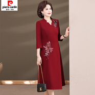 皮爾卡丹（pierre cardin）結(jié)婚禮服媽媽喜服冬季旗袍紅連衣裙加絨加厚母親喜婆婆婚宴秋冬款 2388酒紅色【加絨】 2XL 建議106-120斤 送手提袋