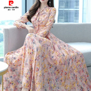 皮爾卡丹（pierre cardin）長(cháng)款連衣裙新款碎花高腰顯瘦夏季長(cháng)袖仙女裙過(guò)膝垂感長(cháng)款 粉紅色 L 建議95-110斤
