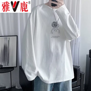 雅鹿長(cháng)袖t恤男港風(fēng)男裝春秋季打底衫薄款體恤寬松大碼男士春秋款上衣 白色 2XL 建議(140-155斤)