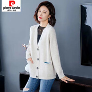 皮爾卡丹（pierre cardin）2021新款春秋款韓版外套大碼外搭女開衫毛衣寬松慵懶風(fēng)口袋上衣 米灰色不掉色高品質(zhì) 加肥加大 5XL