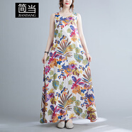 簡(jiǎn)當(dāng)大碼女裝夏季胖MM復(fù)古文藝寬松印花無(wú)袖慵懶風(fēng)連衣裙背心裙9608 藍(lán)色花 XL 【135-150斤】